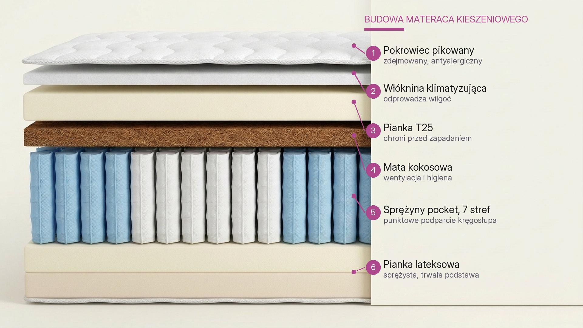 Przekrój budowy materaca kieszeniowego, warstwy pokrowca, pianki, kokosu i sprężyn pocket